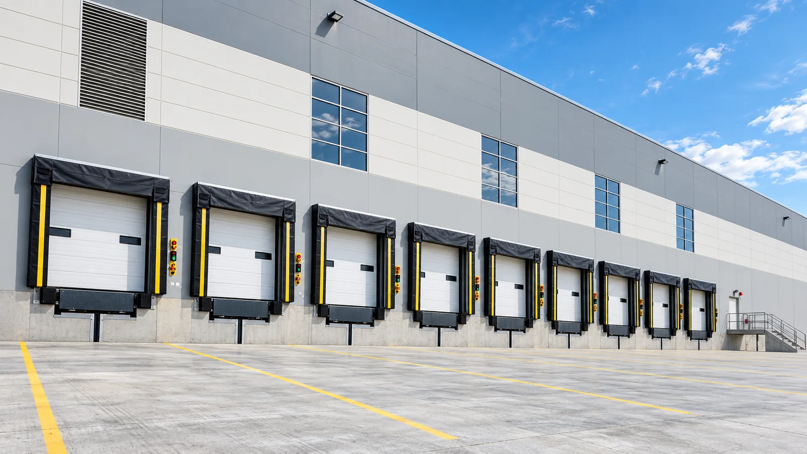 Posiciones de carga con puertas y sistemas de acoplamiento en una nave industrial
