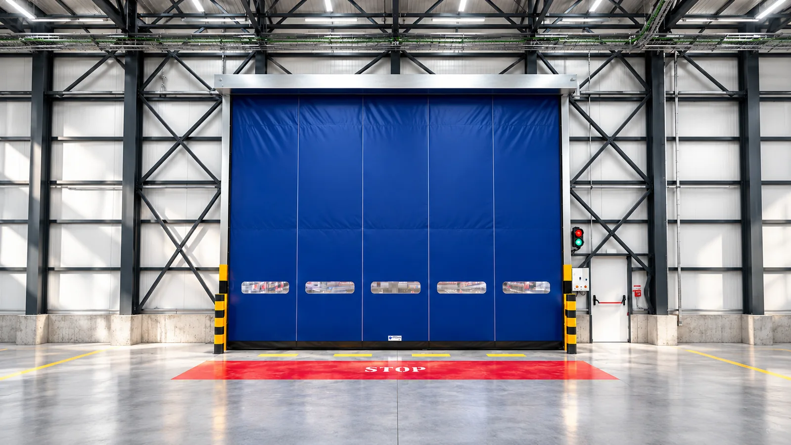Puerta rápida industrial de lona en instalación productiva