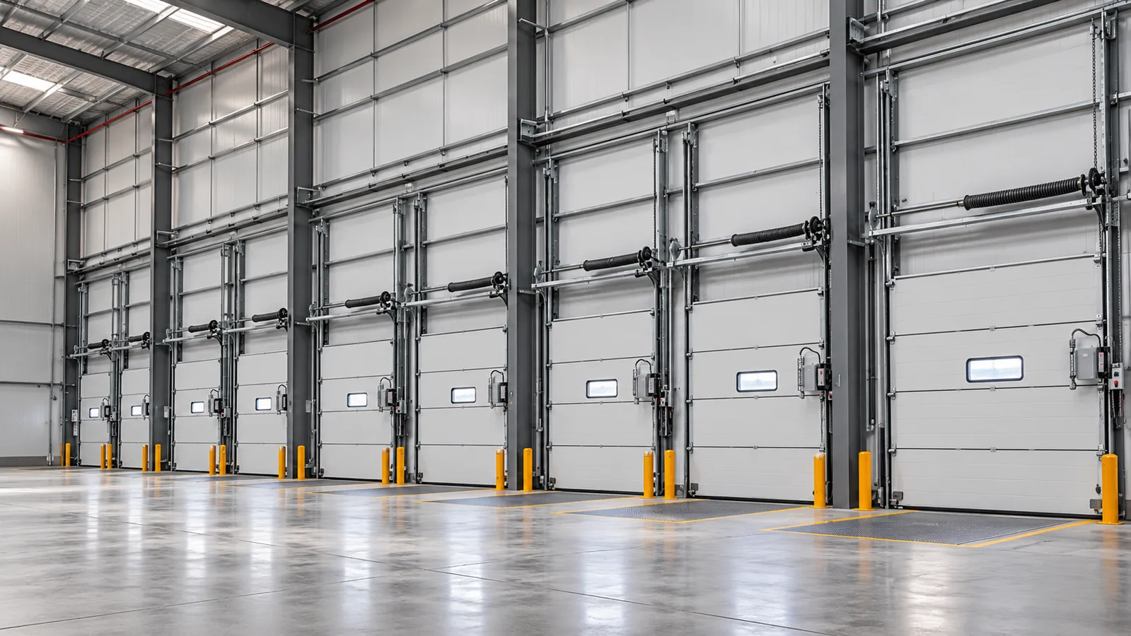 Puertas seccionales industriales en una nave, imagen de aplicación para soluciones de acceso TERREY
